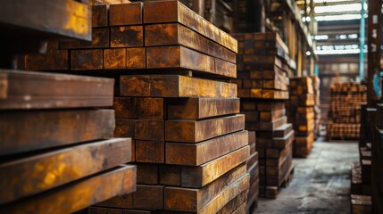 Stacked Copper Bars in Industrial Warehouse