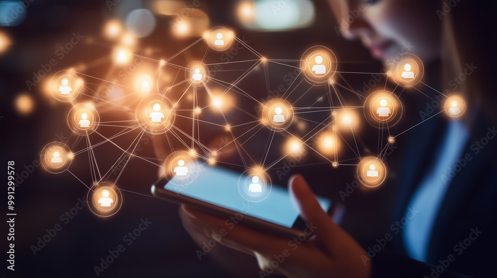 Poster person using smartphone in dimly lit environment with glowing connection graphics representing socia