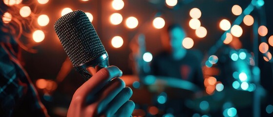 A close-up of a microphone in a vibrant, illuminated music setting, perfect for capturing the essence of live performance.