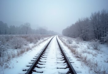Fototapeta premium Curving Train Tracks in a Snowy Landscape with Trees Nearby
