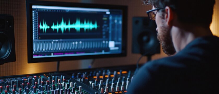 A sound engineer working on audio editing with a digital audio workstation, focused on sound waves and mixing tracks.