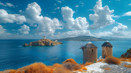 Windmills on a Cliff overlooking the Ocean -  Photo