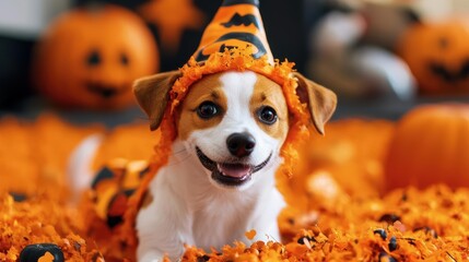 Happy dog in Halloween costume surrounded by pumpkin decorations.