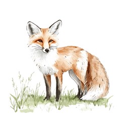Obraz premium Watercolor Illustration of a Red Fox Standing in the Grass.