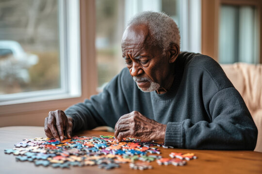 Elderly man concentrating while doing a jigsaw puzzle at a wooden table - Powered by Adobe