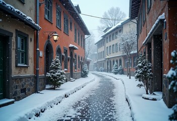 Snowy Cobblestone Street in Old Town Surrounded by Evergreen Trees