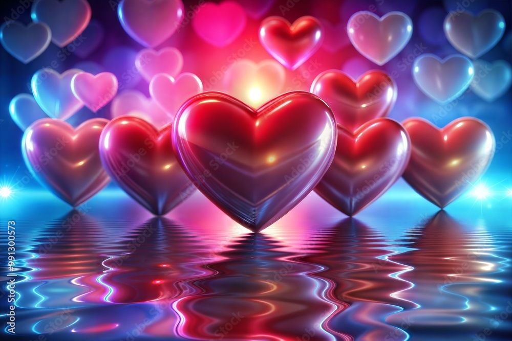 Canvas Prints red hearts floating in neon water with reflections