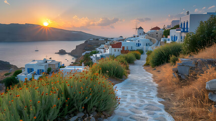 Sunrise over Whitewashed Houses and Windmills, Scenic Greek Island Landscape Illustration