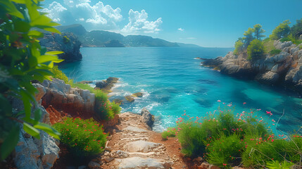 Seascape Illustration with a Mountain View