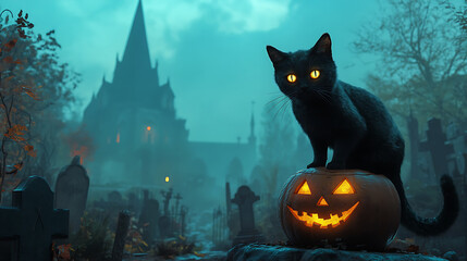 Black cat with glowing eyes sitting on a pumpkin, in front of a spooky, foggy graveyard