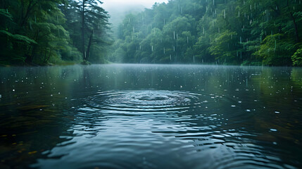 Rain Droplet on Rippling Water in a Forest Setting - Realistic Image