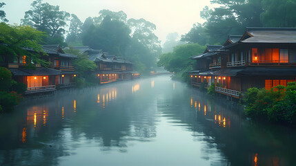Misty River Scene with Traditional Houses Illustration