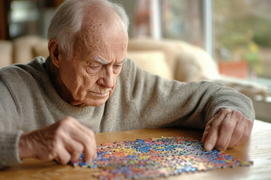 Elderly man concentrating on assembling a puzzle at home