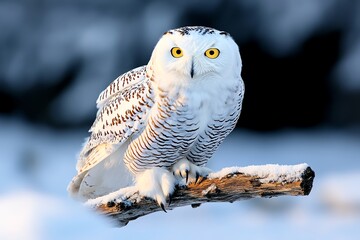 A close-up of a snow owl perched on a branch, with its bright white feathers blending into the snowy background