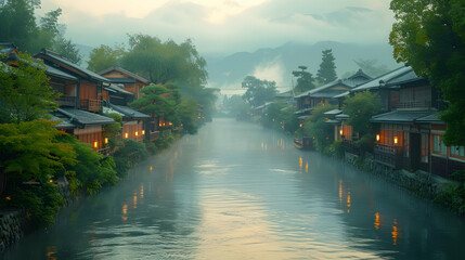 Scenic River View with Traditional Houses and Fog - Illustration