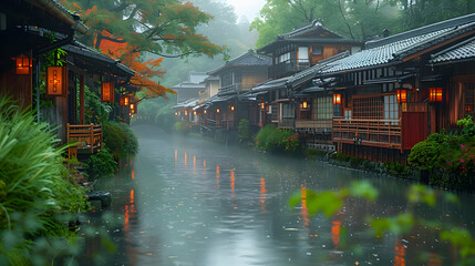 Waterfront Houses in the Mist - Japanese Architecture, River, Fog, Buildings, Scenic