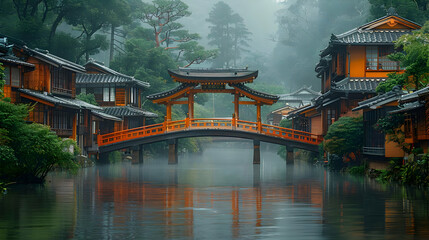Foggy Bridge Over Water in Traditional Japanese Village Illustration