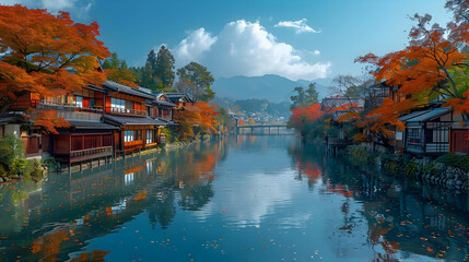 Autumn Reflections in a Canal with Traditional Houses Illustration
