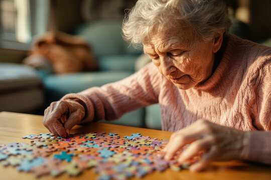 Senior woman exercising her cognitive functions by doing a jigsaw puzzle in her living room