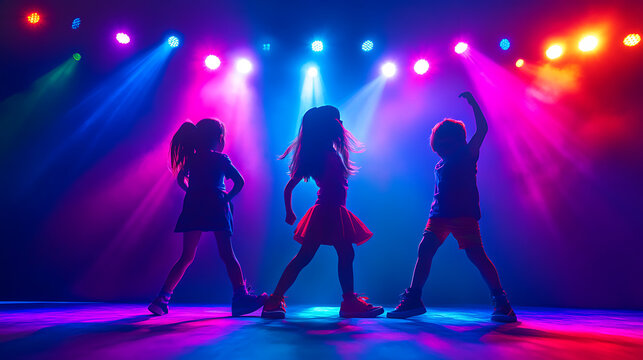 Glamorous background with kids performing on stage in a school play, surrounded by colourful stage lights