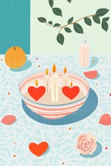 Coloring page of decorative heart shaped candles in a bowl surrounded by rose petals and an apple