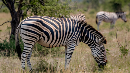 Fototapeta premium A stunning close-up photograph of a zebra with its distinctive black-and-white striped coat.