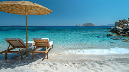 Beach Chairs and Umbrella on a Sandy Beach with Clear Water