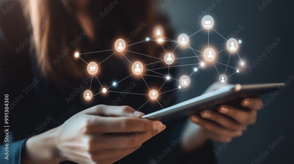 Poster digital networking concept with a person holding a tablet showcasing interconnected data points and 