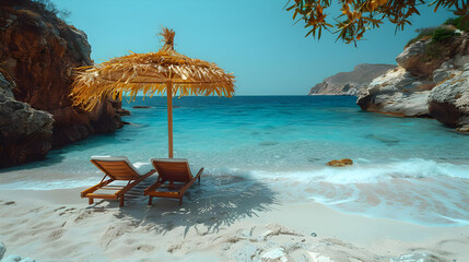 Two Beach Chairs Under a Straw Umbrella on a Sunny Day at the Beach