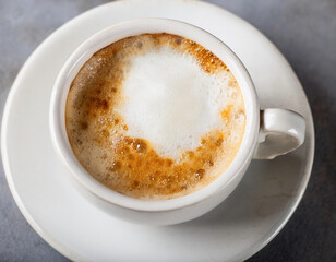 Cup of cappuccino with frothy foam on grey background