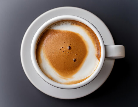 Cup of cappuccino with frothy foam on dark background