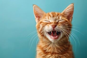 Laughing cat with closed eyes, light blue background