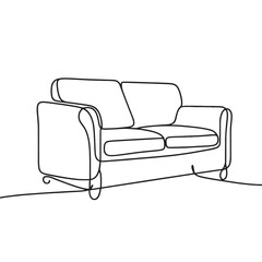 A couch is shown in a black and white drawing. The couch is a two-seater and is placed in a room. The couch is positioned in the middle of the room, with a line drawing of a floor in the background