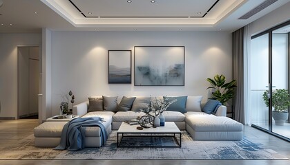 Modern living room, cozy sofa, blue accents, minimalistic design, natural light, calm atmosphere