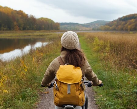 Serene Cycling Adventure A Lakeside Trail, Fresh Breeze, and Sounds of Nature Capture the Tranquility of Riding a Bike Through Scenic Landscapes, Enjoying the Peaceful Ambiance and Soothing Sounds of