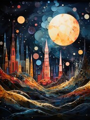 Obraz premium Colorful abstract cityscape under a large, glowing moon in a surreal night sky.