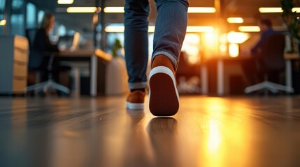 Person walking in office during sunset with warm light illuminating workspace.