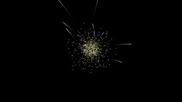 yellow fireworks in the sky, particle explosion. glowing particles with black background