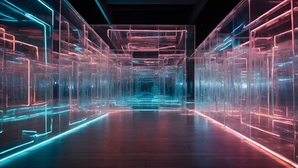 Colorful Neon Light Installation Creating a Futuristic Maze in an Art Gallery Space