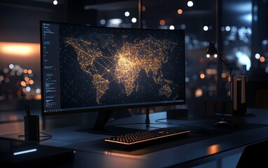 A modern workspace featuring a computer displaying a global network visualization, illuminated in a dimly lit environment.