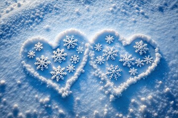 Snow hearts with delicate snowflakes in winter