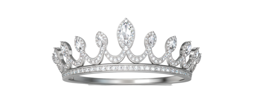 A white and silver tiara with diamonds