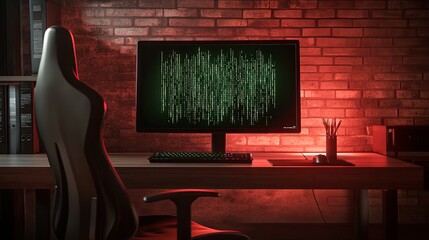 A modern workspace featuring a computer with a matrix-like display, set against a stylish brick wall.