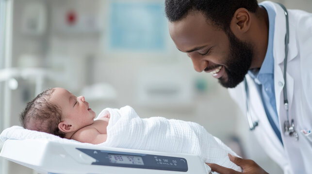 Doctor is smiling at a newborn baby while weighing him on a scale in a hospital room