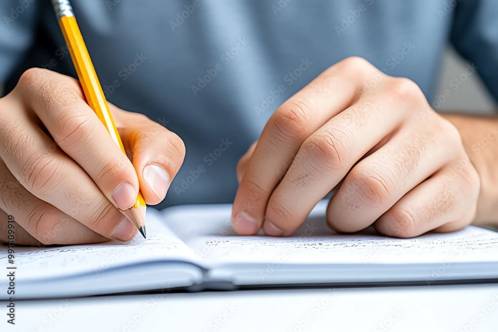 Poster A close-up of a studentâ€™s hand writing notes in a notebook, with a pencil and paper showing detailed handwriting
