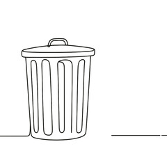 A trash can is shown in a black and white drawing. The trash can is empty and has a lid on top. Concept of cleanliness and orderliness