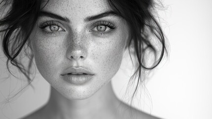 Fototapeta premium A captivating young woman's close-up highlights her striking features and allure