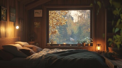 A calming bedroom featuring a cozy bed, soft lighting, and an open window revealing a tranquil nature scene.