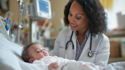 Neonatal doctor is smiling at a newborn baby girl while examining her in a hospital room
