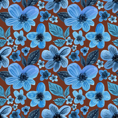 Watercolour brown delicate flowers leaves illustration seamless pattern. On blue background. Hand painted floral elements. Drawn Botanical. Summer, spring vibes print. For fabric, wallpaper, wrapping.
